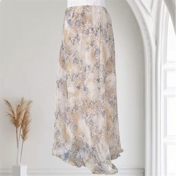 RAG Romantic Whimsical Cream Tan Mesh Blue Floral Maxi Skirt Plus Size 1X - Picture 1 of 8